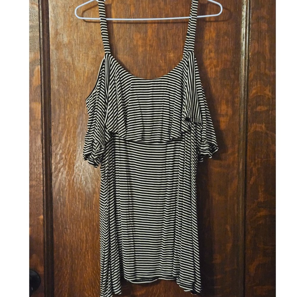 Penningtons Black & White Stripe Cold Shoulder Plus Size Top
